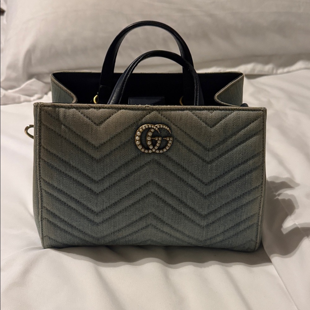 Gucci Chevron Denim Tote and Gold and Pearl Accents